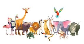packages-03 Wild animals. Safari wildlife africa happy animal lion zebra elephant rhino parrot giraffe ostrich flamingo cute zoo jungle vector poster